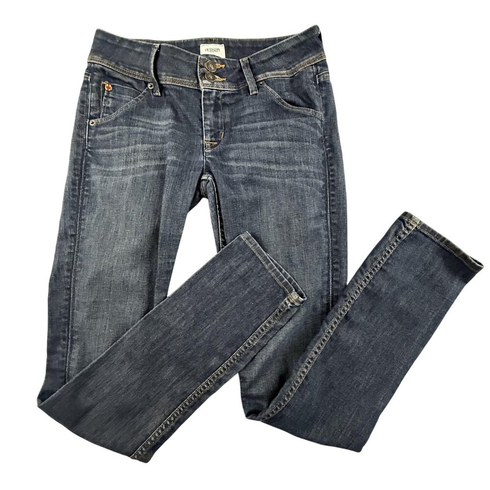 Hudson Jeans Womens 26 Blue Denim Mid Rise Skinny Stretch Flap Pocket Distressed